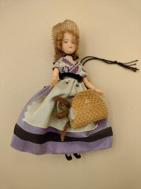 Vintage 5" Doll Toy Purple Skirt Lace Top Straw Hat & Basket Small Ornament